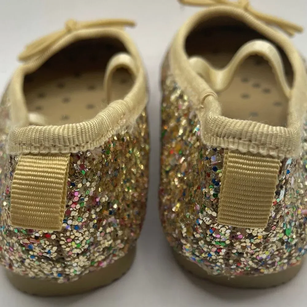 Cat & Jack Girls Size 5 Glitter Ballet Flats Gold Bow Sparkly Slip-On Dress Shoe